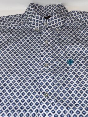 Ariat White and Blue Stretch Geo-Print Short Sleeve Button-Down Shirt Medium